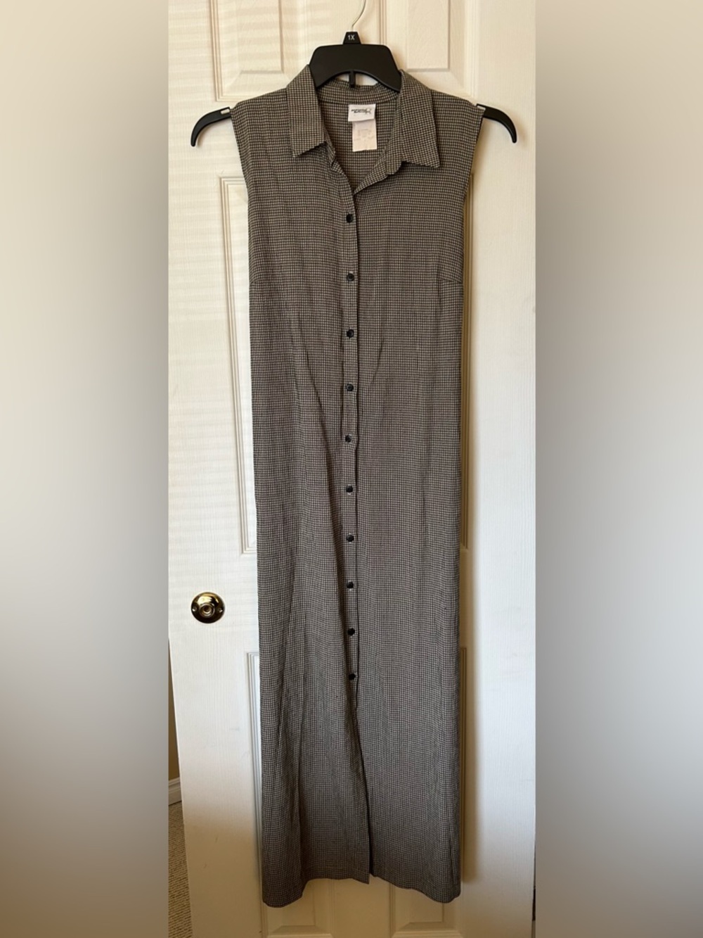 90s Sleeveless Button-Down Maxi Dress in brown gingham pattern with tie in back